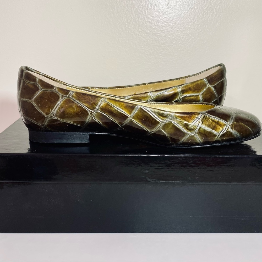ANDREA CARRANO Cocco Verde Croc. Embossed ITALIAN Leather Flats Sz US 7.5 w/box